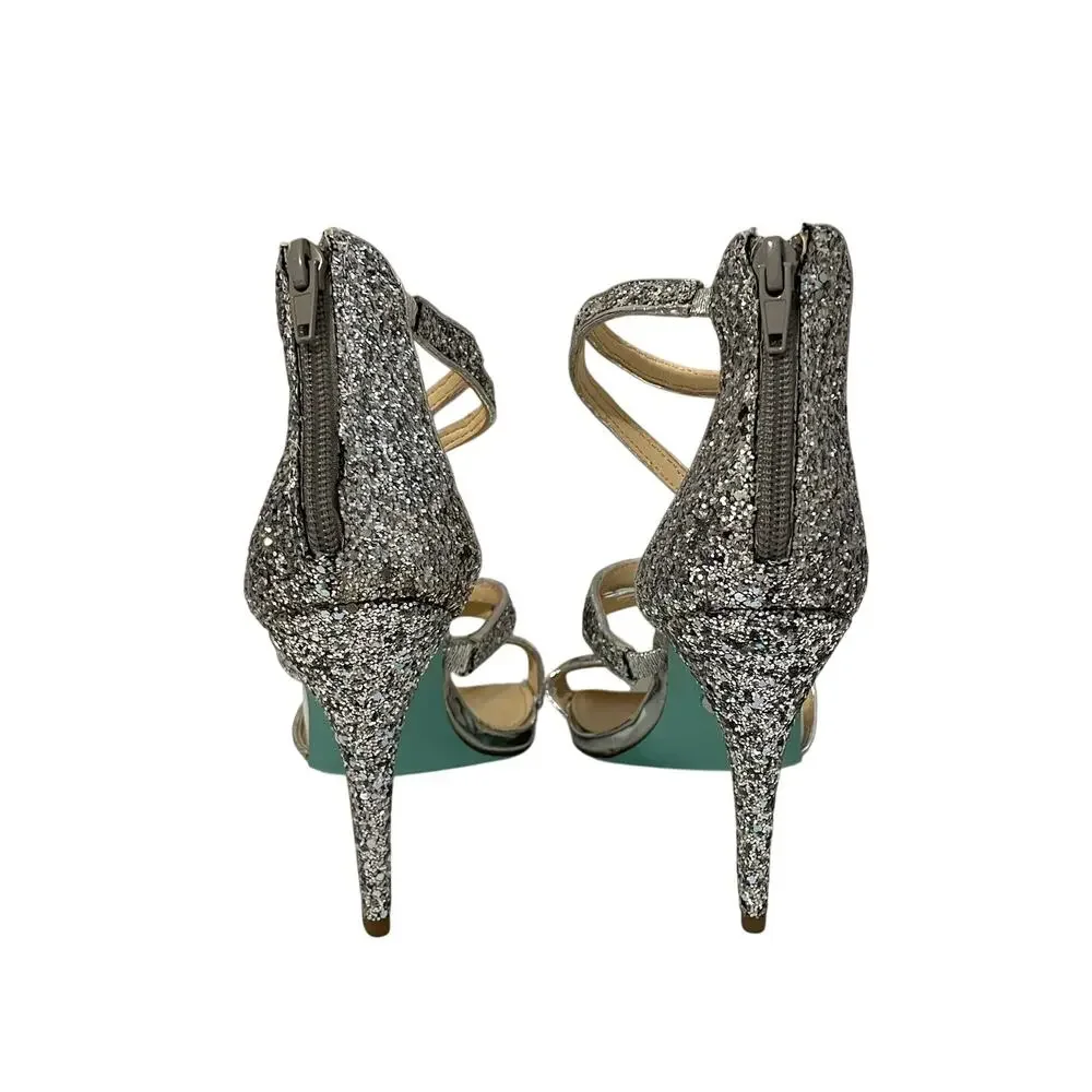 Blue by Betsey Johnson Izzy Women’s Silver Glitter Strappy Stiletto Sandals 8.5